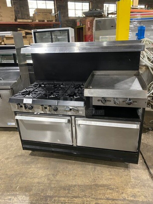 Commercial Natural Gas Powered 6 Burner Stove With Right Side Flat Griddle! Griddle Has Side Splashes! With Raised Back Splash And Salamander Shelf! With 2 Oven Underneath! Metal Oven Racks! All Stainless Steel! On Casters!