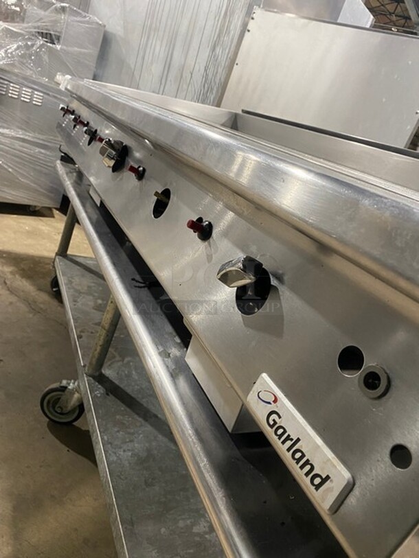 WOW! Garland Heavy Duty Commercial Countertop Gas Powered Flat Griddle! 1 Inch Thick Plate!  With Back And Side Splashes! On Equipment Stand! With Storage Space Underneath! All Stainless Steel! On Casters! Working When Removed! - Image 6 of 8