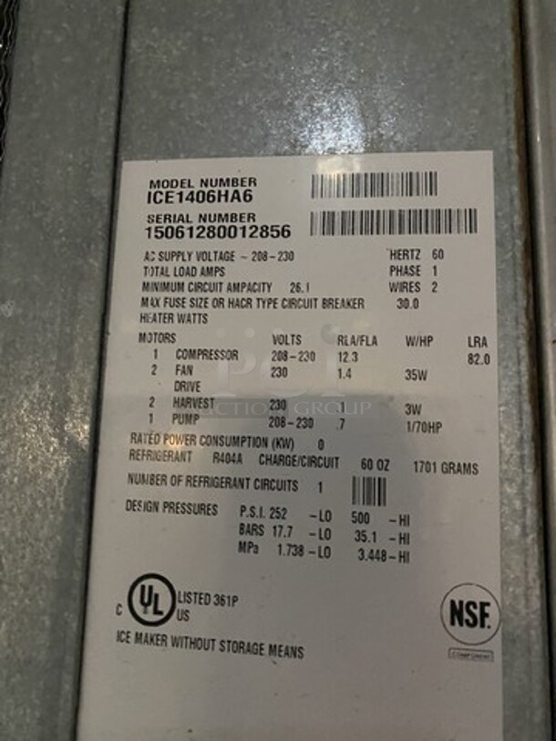 Sweet! Ice-O-Matic AIR COOLED 1500LBS Ice Machine! On Ice-O-Matic Ice Bin! Model ICE1406HA6 Serial 15061280012856! 208/230V 1 Phase! On Legs! 2 X Your Bid Makes One Unit!   - Image 5 of 9