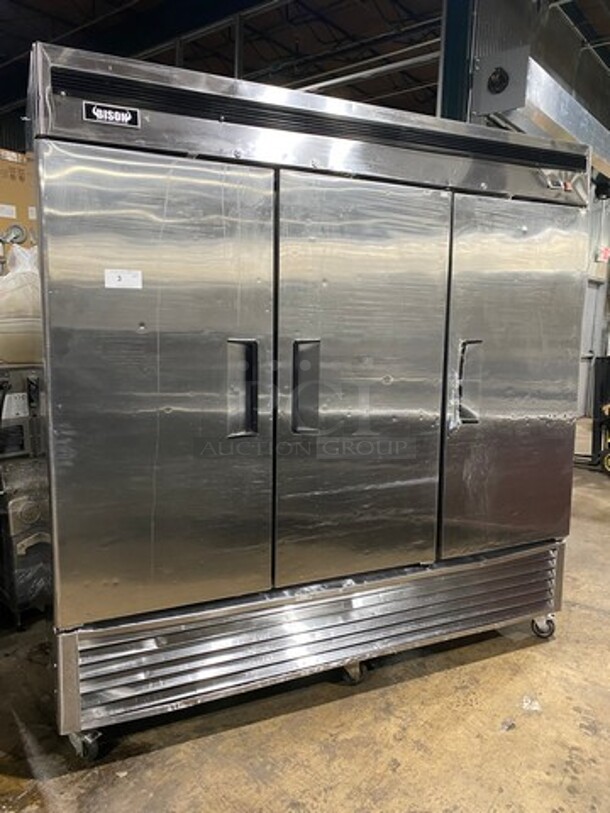 LATE MODEL! 2015 Bison Commercial 3 Door Reach In Freezer! With Poly Coated Racks And Pan Rack! All Stainless Steel! On Casters! Model: MBF8504 SN: BRF71151015K8005 115/208/230V 60HZ 1 Phase