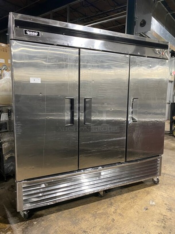 LATE MODEL! 2015 Bison Commercial 3 Door Reach In Freezer! With Poly Coated Racks And Pan Rack! All Stainless Steel! On Casters! Model: MBF8504 SN: BRF71151015K8005 115/208/230V 60HZ 1 Phase - Image 1 of 10