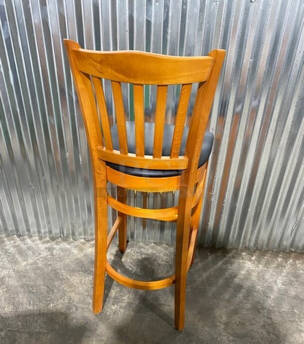 NICE!  NEW! Premium Us Made Vertical Slat Wood Bar Stool! With Black Vinyl Seat! 3x Your Bid! - Image 3 of 6