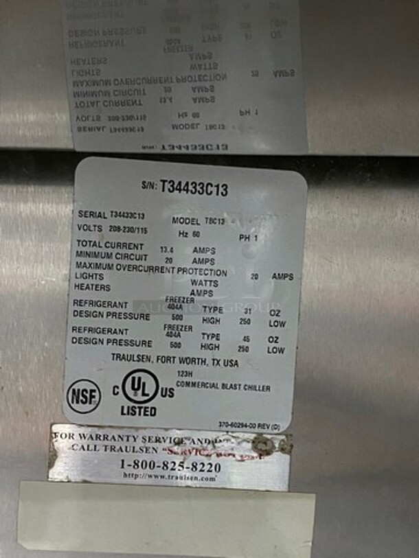 Traulsen Commercial Single Door Blast Chiller/ Shock Freezer! All Stainless Steel! On Casters! Model: TBC13 SN: T34433C13 115/208/230V 60HZ 1 Phase - Image 6 of 8