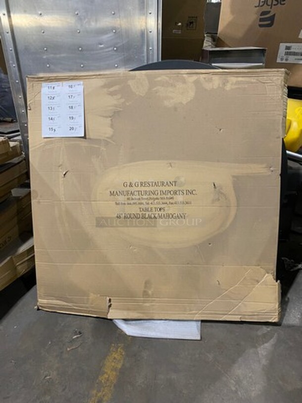 IN THE BOX! G & G Commercial 48" Round Black/ Mahogany Tabletops! With Metal Base! EACH LOT MAY HAVE DIFFERENT STYLE METAL BASE! EACH BOX HAS 2 TABLETOPS! 1 BOX PER LOT NUMBER! 2x Your Bid! - Image 1 of 7