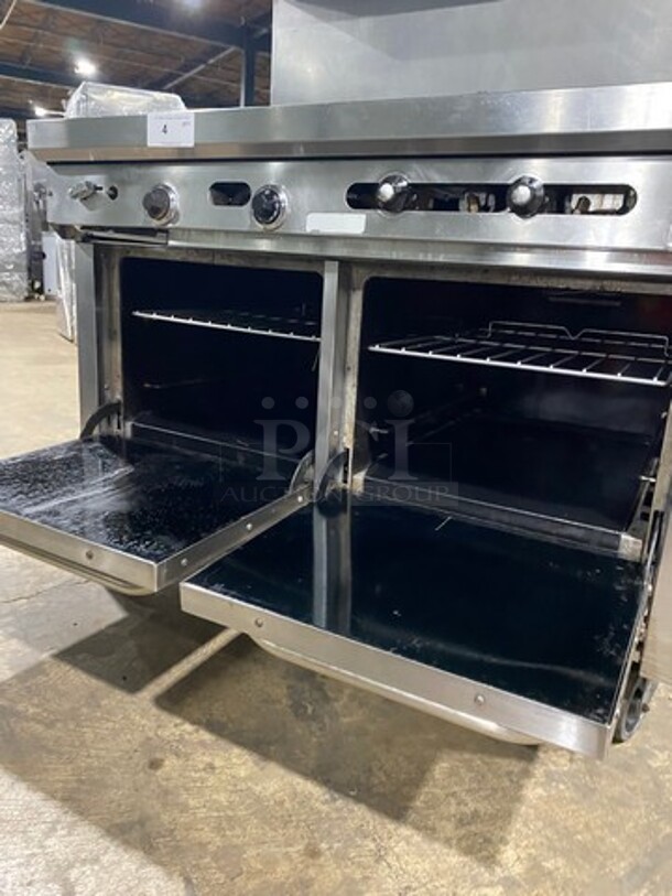 RARE FIND! ALL STAINLESS STEEL VULCAN Natural Gas Powered 36 " Flat Griddle With 2 Burner Hot Plate Combo! With 2 Ovens Underneath! On Commercial Casters With Raised Blacksplash and Salamander shelf!  - Image 6 of 9