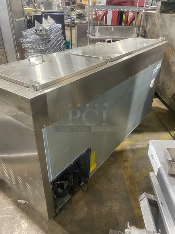 Sweet! LATE MODEL! Central Commercial Refrigerated Pizza Prep Table! With Full Length Removable Cutting Board! With 2 Door Refrigerated Storage Underneath! With Poly Coated Racks! 115V 1 Phase! Model: 69K014 SN: 8060492! On Commercial Casters! Working When Removed!  - Image 4 of 12