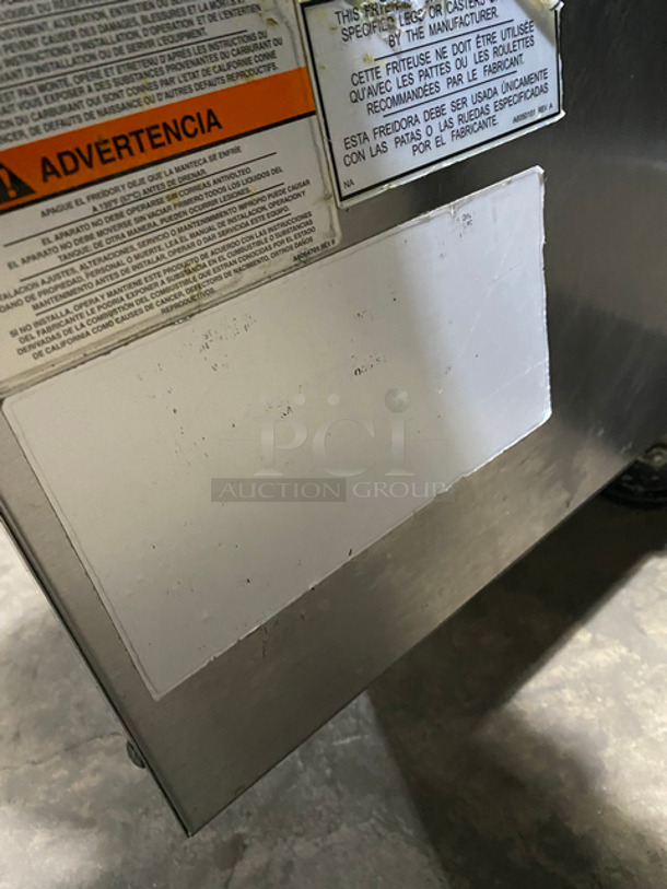 Southbend Commercial Natural Gas Powered 2 Bay Deep Fat Fryer! With Raised Back Splash And Small Salamander Shelf! With 4 New Frying Baskets! All Stainless Steel! On Casters! - Image 10 of 11