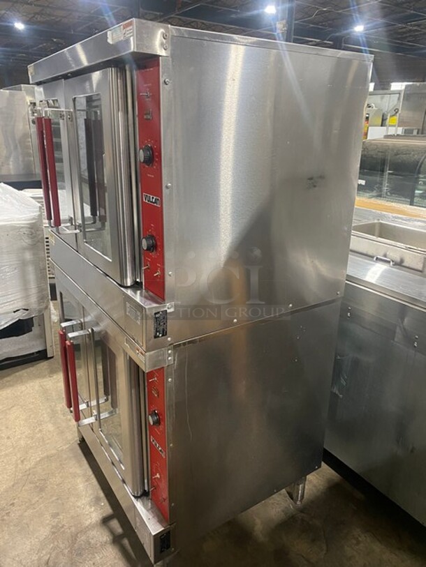 2 Vulcan VC4ED Stainless Steel Commercial Electric Powered Full Size Convection Ovens w/ View Through Doors! Metal Oven Racks and Thermostatic Controls! MODEL VC4ED SN:541041048 3/1 PH  208 Volts 2X Your Bid! Makes One Unit!  - Image 2 of 11