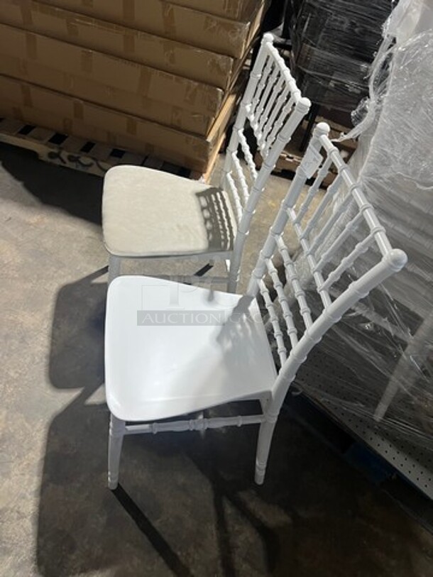 BRAND NEW! White Quality Poly Stackable Dining Chairs! 5 X Your Bid! With Removable Microfiber Seat Cushion! Seat Cushion Comes With Each Chair! - Image 3 of 8