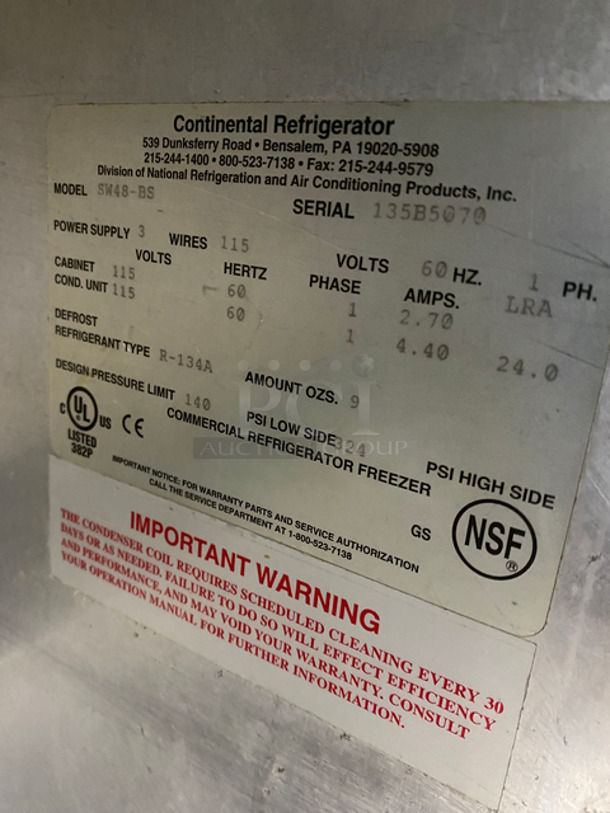 Continental Commercial 2 Door Worktop/Lowboy Refrigerator! With Back Splash! With Poly Coated Racks! All Stainless Steel! On Casters! Model: SW48BS SN: 135B5070 115V 60HZ 1 Phase - Image 8 of 9