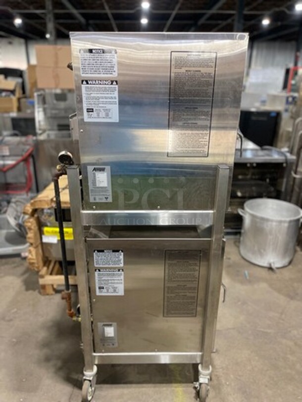 BEAUTIFUL! Accutemp Commercial Natural Gas Powered Double Deck Stand Mounted Boiler Less Steamer! All Stainless Steel! On Casters! 2x Your Bid Makes One Unit! WORKING WHEN REMOVED! Model: N61201E06000200 SN: 46145 - Image 4 of 11