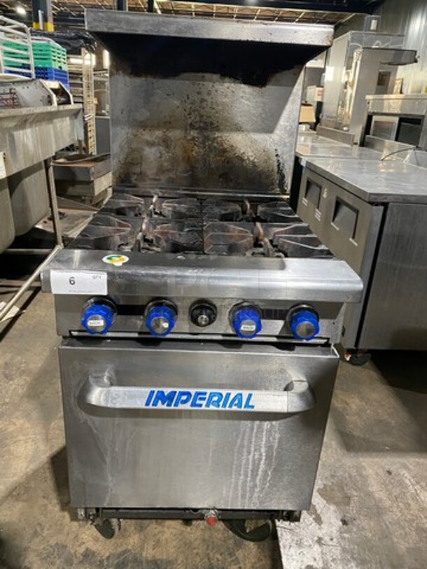 Imperial Commercial Natural Gas Powered 4 Burner Stove! With Raised Back Splash And Salamander Shelf! With Oven Underneath! All Stainless Steel! On Casters! WORKING WHEN REMOVED! Model: IR4 SN: 03273711