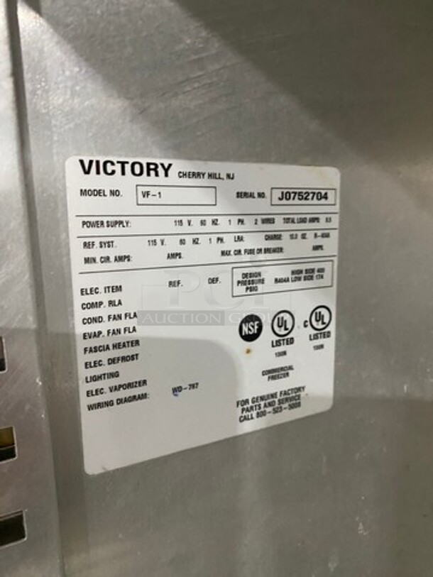Victory Commercial Single Door Reach In Freezer! With Poly Coated Racks! All Stainless Steel! On Casters! Working When Removed! Model: VF1 SN: J0752704 115V 60HZ 1 Phase - Image 7 of 9