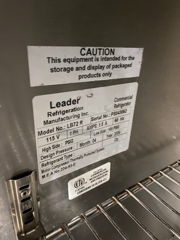 Leader Commercial 3 Door Refrigerated Low Boy/Prep Station!  All Stainless Steel! 115V 1 Phase! Model: LB72R SN: PS043062! - Image 7 of 7
