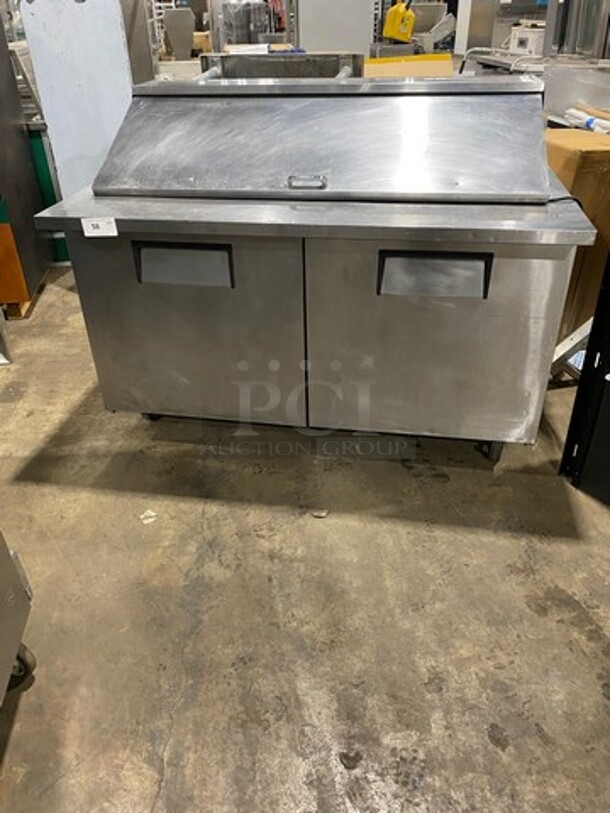True Commercial Refrigerated Mega Top Sandwich Prep Table! With 2 Door Underneath Storage Space! With Poly Coated Racks! All Stainless Steel! On Casters! WORKING WHEN REMOVED! Model: TSSU6024MBST SN: 7983390 115V 60HZ 1 Phase