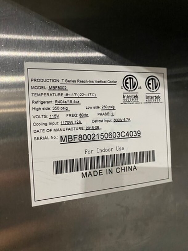 2015 Atosa Commercial 2 Door Reach In Freezer! With Poly Coated Racks! All Stainless Steel! On Casters! Model: MBF8002 SN: MBF8002150603C4039 115V 60HZ 1 Phase - Image 8 of 10