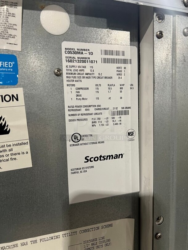 LATE MODEL Scotsman Prodigy Commercial AIR-COOLED Ice Making Machine! With Ice Bin! All Stainless Steel! Model C0530MA1D Serial 16021320011071! 115V 1Phase! On Legs! - Image 7 of 10