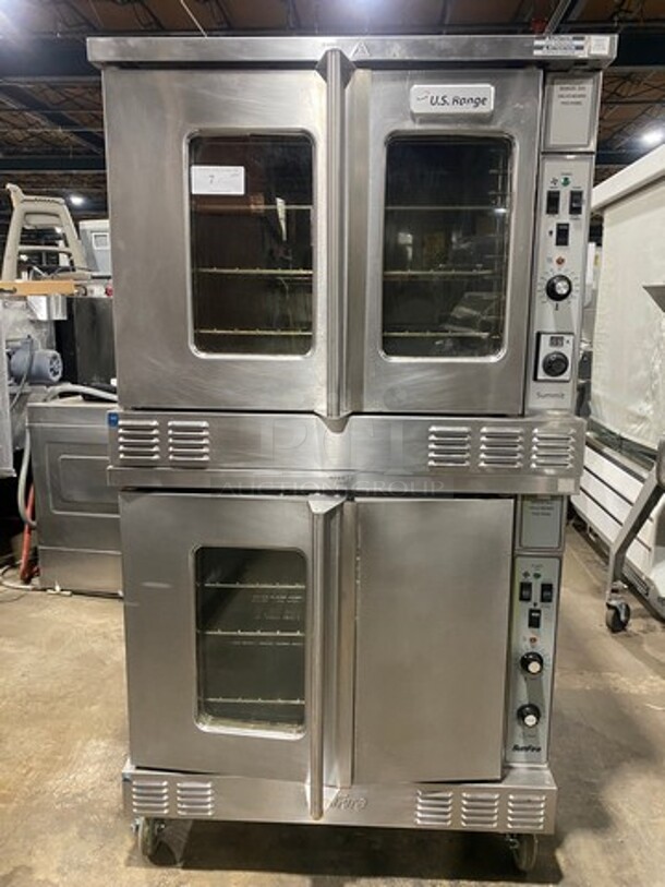 BEAUTIFUL! LATE MODEL! US Range/Garland Double Stacked Natural Gas Powered Heavy Duty Commercial Convection Oven! With View Through Doors! Model SUMG100 Serial 1911100101567! On Commercial Casters! 2 X Your Bid Makes One Unit!