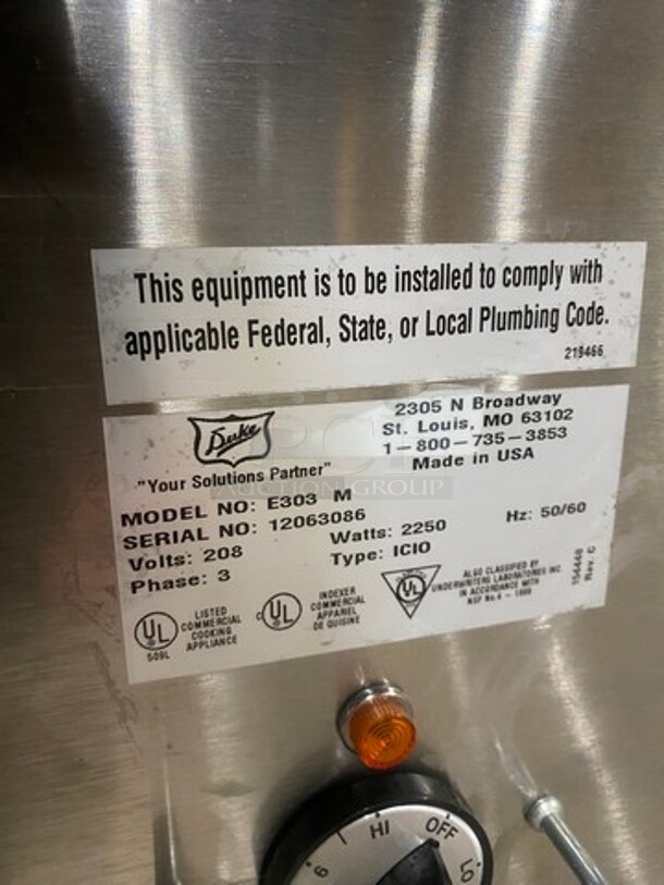 Duke Commercial Electric Powered 3 Well Steam Table! With Storage Space Underneath! All Stainless Steel! On Casters! Model: E303M SN: 12063086 208V 60HZ 3 Phase - Image 8 of 11