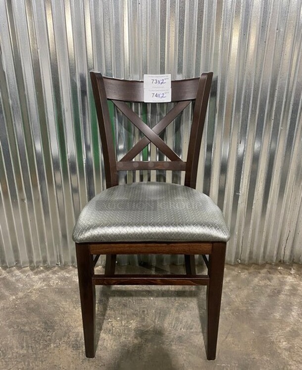 NICE! NEW! Walnut Beech Wood Cross Back Dining Chair With Silver Vinyl Seat! 2x Your Bid!
