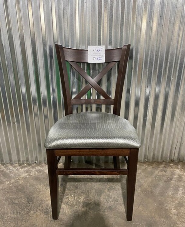 NICE! New! Walnut Beech Wood Cross Back Dining Chair With Silver Vinyl Seat! 2x Your Bid!