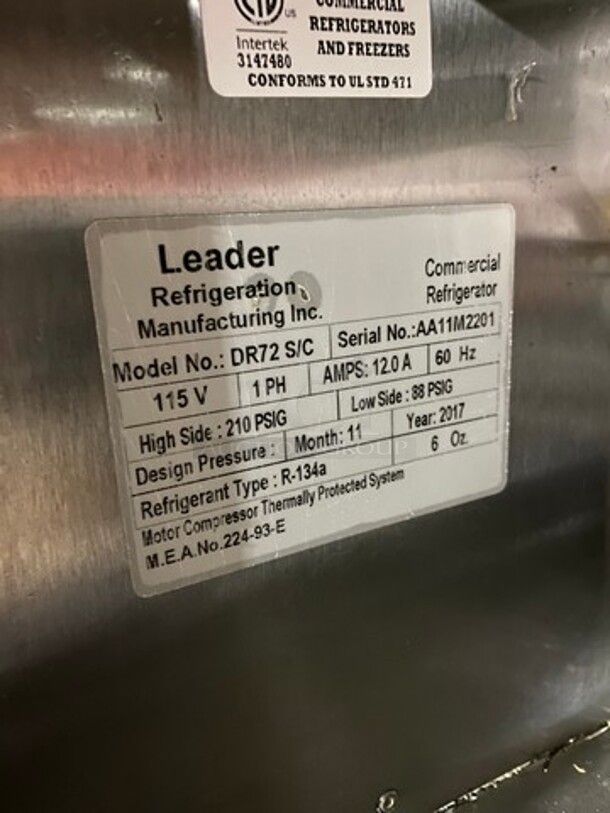 2017 Leader Commercial Refrigerated Pizza Prep Table! With Marble Top! With 3 Door Storage Space Underneath! All Stainless Steel! On Casters! Model: DR72SC SN: AA11M2201 115V 60HZ 1 Phase - Image 8 of 9