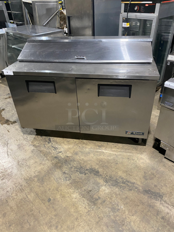 True Commercial Refrigerated Sandwich Prep Table! With 2 Door Underneath Storage Space! With Poly Coated Racks! All Stainless Steel! Not Tested! On Casters! Model: TSSU6016 SN: 5047288 115V 60HZ 1 Phase