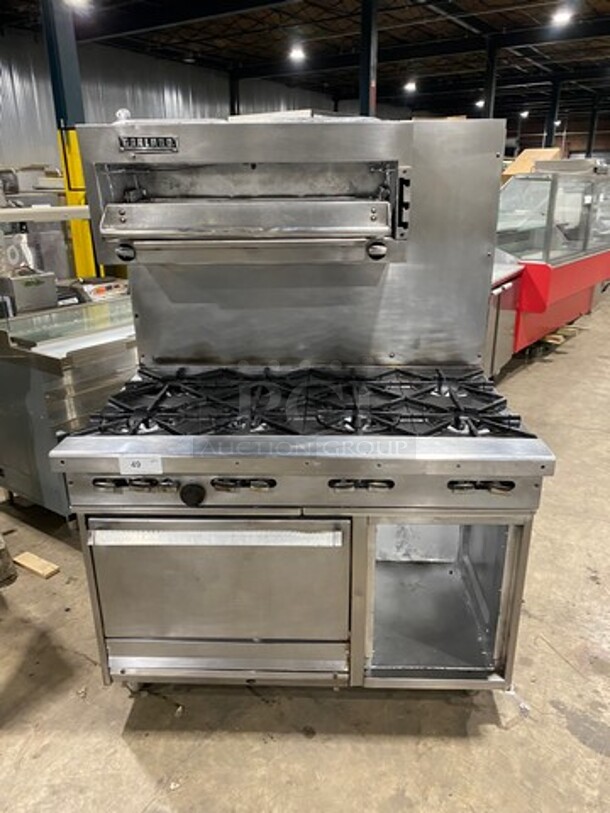 Garland Commercial Gas Powered 8 Burner Stove! With Raised Back Splash And Salamander! With Oven Underneath! All Stainless Steel! On Casters! - Image 1 of 12