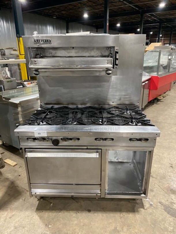 Garland Commercial Gas Powered 8 Burner Stove! With Raised Back Splash And Salamander! With Oven Underneath! All Stainless Steel! On Casters! - Item #1059164