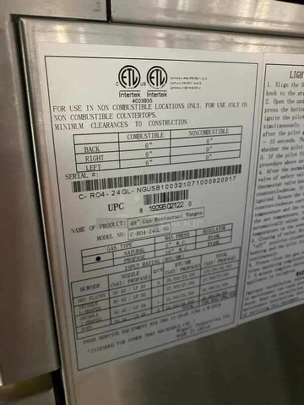 AWESOME! NEW! Migali Commercial Natural Gas Powered 4 Burner Stove With Flat Griddle! Flat Griddle Has Side Splashes! With Raised Back Splash And Salamander Shelf! With 2 Oven Underneath! Metal Oven Racks! All Stainless Steel! On Casters! Model: CRO424GLNG SN: NGUSB100321071000920017 - Image 11 of 12