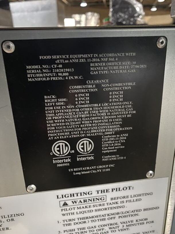 Nice! Cookline 2021 All Stainless Steel 40Lbs Natural Gas Powered Deep Fat Fryer! Model CF40 Serial 2102029013! On Legs!  - Image 8 of 9