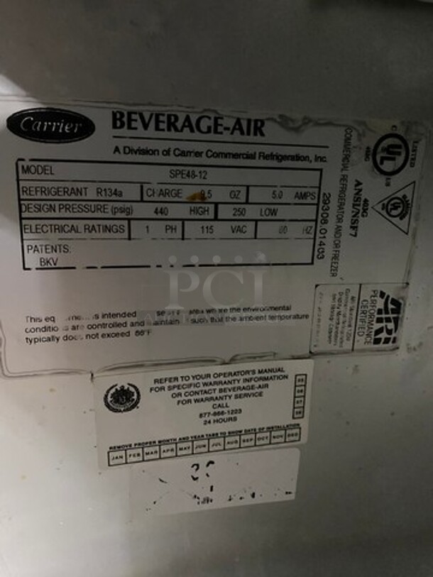 Nice! Beverage Air Commercial Refrigerated Sandwich Prep Table! With Commercial Cutting Board! With 2 Door Underneath Storage Space! With Poly Coated Racks! All Stainless Steel! On Casters! Model: SPE4812 115V 60HZ 1 Phase! Working When Removed! - Image 9 of 9