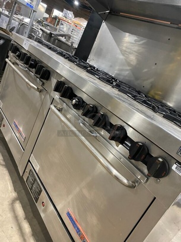 Southbend Commercial Natural Gas Powered 12 Burner Stove! With Raised Back Splash And Salamander Shelf! With 2 Full Size Oven Underneath! All Stainless Steel! On Casters! WORKING WHEN REMOVED! - Image 9 of 10