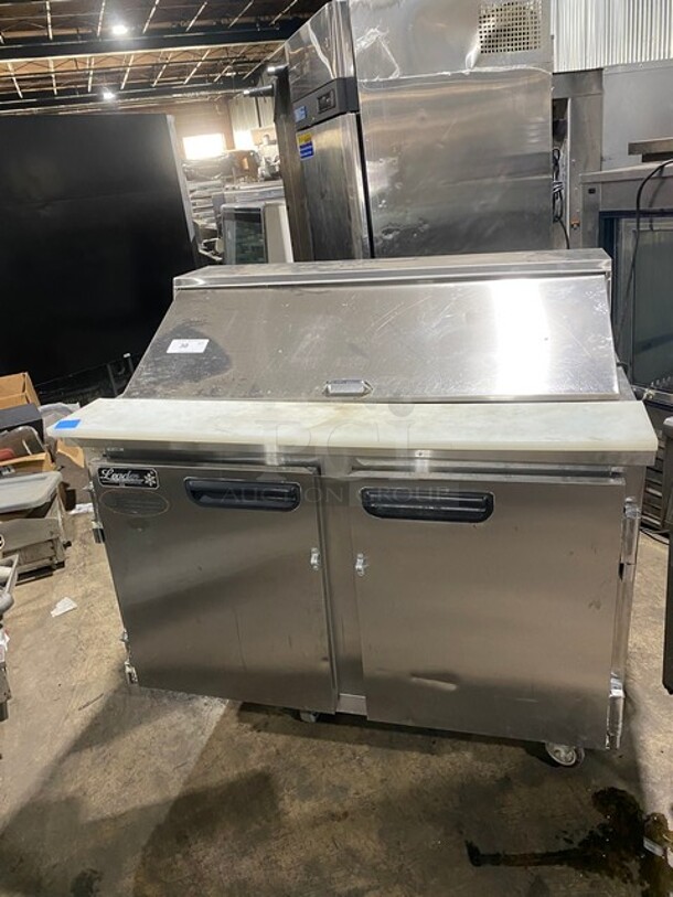 Leader Commercial Refrigerated Mega Top Sandwich Prep Table! With 2 Door Underneath Storage Space! With Commercial Cutting Board! All Stainless Steel! On Casters! MODEL ESLM48SC SN: NP12M0801D 115V 1PH