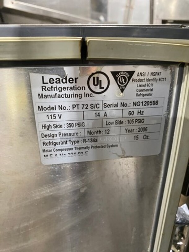 Leader Commercial Refrigerated Marble Top Pizza Prep Table! With 3 Door Underneath Storage Space! All Stainless Steel! On Casters! Model: PT72 SN: NG120598 115V 60HZ 1 Phase - Image 8 of 11