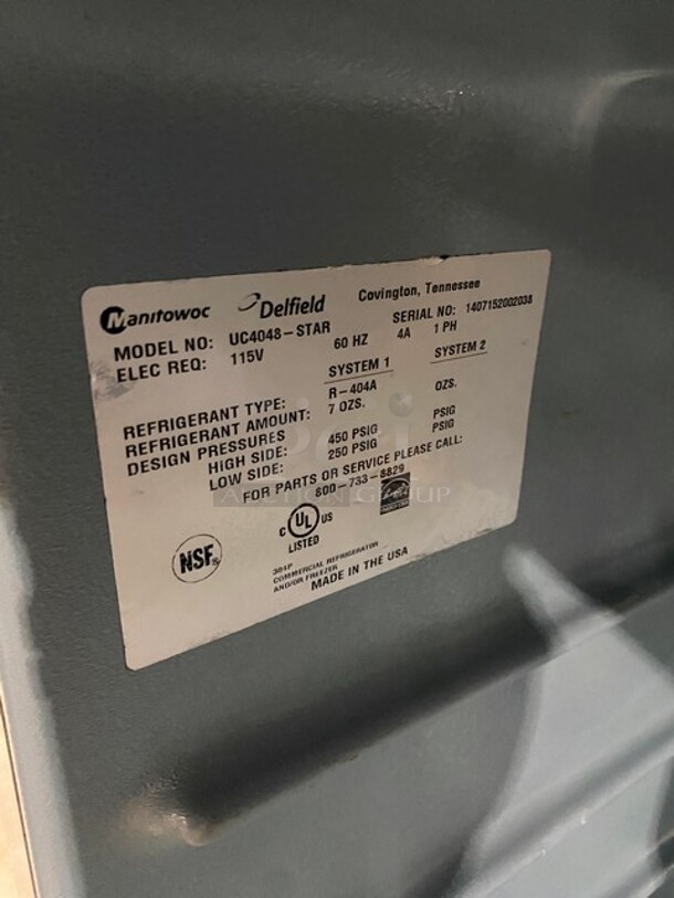 Delfield Manitowoc Commercial 2 Door Lowboy/Worktop Cooler! All Stainless Steel! Model: UC4048STAR SN:1407152002038 115V 1PH - Image 7 of 8