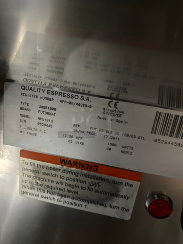 Futurmat Stainless Steel Commercial Countertop Espresso Machine! On Small Legs! Model: MFS191Q SN: 0529445 115V 60HZ 1 Phase - Image 8 of 9