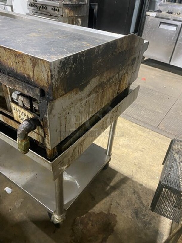 Therma Tek Commercial Natural Gas Powered Flat Griddle! With Back & Side Splashes! On Regency Commercial Equipment Stand! With Underneath Storage Space! All Stainless Steel! On Casters! WORKING WHEN REMOVED! - Image 4 of 11