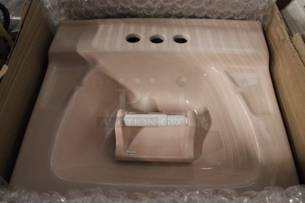 IN ORIGINAL BOX! Pink Ceramic Single Bay Sink w/ Toilet Paper Roll. 19x18x5