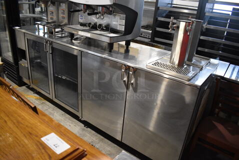Glastender Model PT108-L6-XSH(LRLR/LRLR) Stainless Steel Commercial Double Sided 4 Door Cooler w/ Two 2 Tap Beer Towers, 2 Couplers and 4 View Through Doors. 115 Volts, 1 Phase. 108x28x56. Tested and Working!