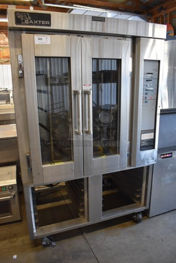 Baxter Stainless Steel Commercial Floor Style Natural Gas Powered Mini Rotating Rack Oven w/ Lower Pan Rack on Commercial Casters. 48x39x75