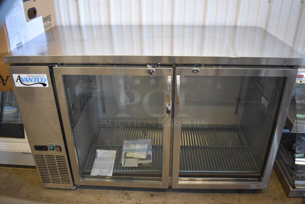 BRAND NEW SCRATCH AND DENT! Avantco 178UBB2GHCS Stainless Steel Commercial 2 Door Back Bar Cooler Merchandiser. Missing Outer Glass Pane on Right Hand Door. 115 Volts, 1 Phase. 59x28x37. Tested and Working!