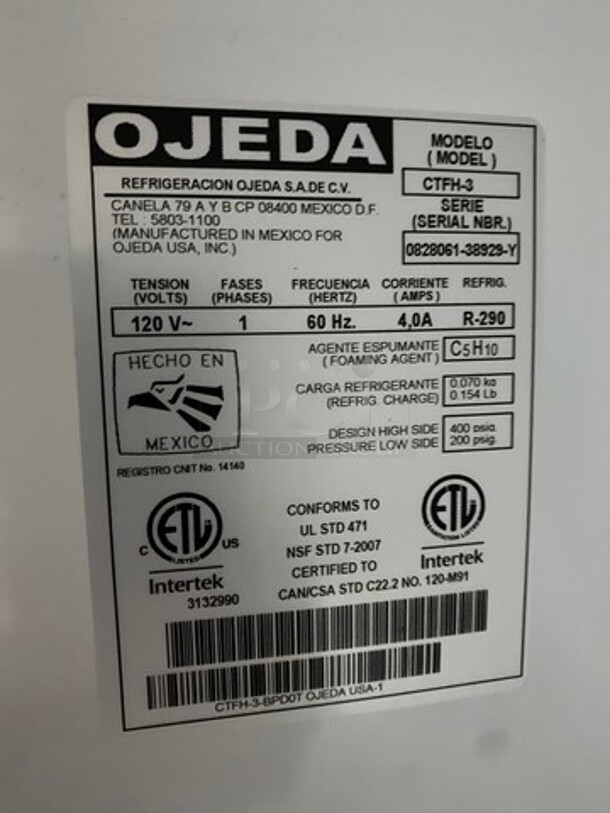 NICE! SCRATCH-N-DENT! Ojeda Commercial Countertop Display Case Cooler Merchandiser! Model: CTFH3 SN: 082806138929Y 120V 60HZ 1 Phase - Image 8 of 11