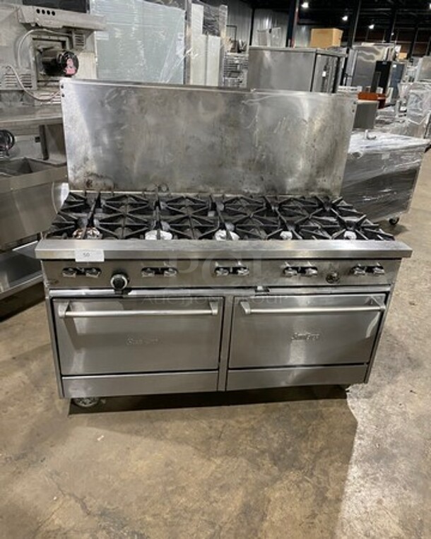 Sunfire Commercial Natural Gas Powered 10 Burner Stove! With Raised Back Splash! With 2 Full Size Oven Underneath! All Stainless Steel! On Casters!