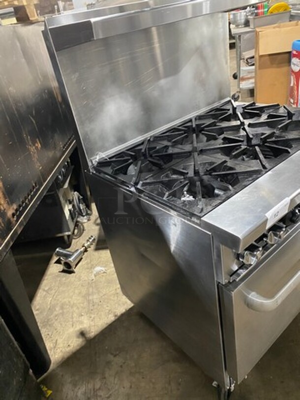 Cook Rite Commercial Natural Gas Powered 6 Burner Stove! With Raised Back Splash And Salamander Shelf! With Oven Underneath! Metal Oven Rack! All Stainless Steel! Model: AGR6B SN: AGR6BAUS100320062400C40001! Working When Removed! - Image 4 of 10