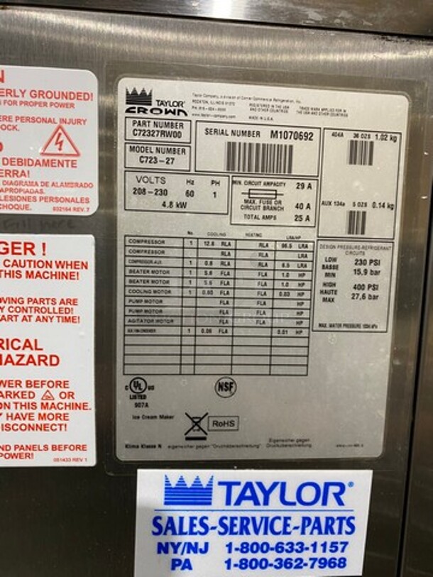 Taylor Crown Commercial 3 Handle Soft Serve Ice Cream Machine! All Stainless Steel! On Casters! Model: C72327 SN: M1070692 208/230V 60HZ 1 Phase - Image 8 of 10