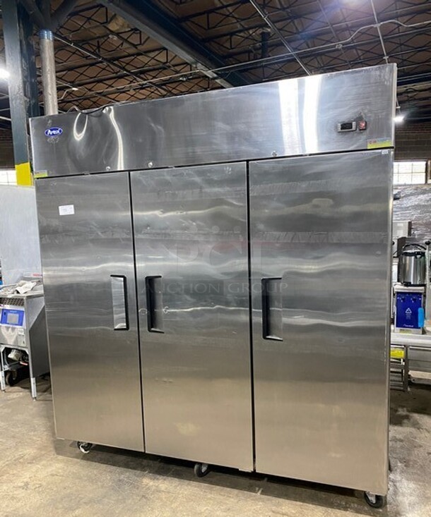 2018 Atosa 3 Door Stainless Steel Freezer! With 9 Racks! On Castors! Working When Removed! MODEL MBF8003 SN: MBF8003AUS100318050800C40004 115V 1PH