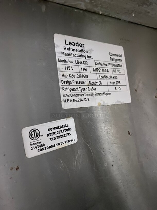 Leader Commercial 2 Door Under The Counter Worktop/Lowboy! All Stainless Steel! With Rack! Model LB48 Serial PY08M0308! 115V 1Phase! On Casters! - Image 7 of 8