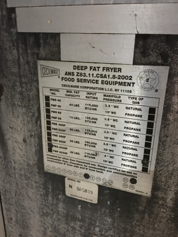 NICE! Cecilware Commercial Natural Gas Powered Deep Fat Fryer! With Backsplash! All Stainless Steel! On Legs! Model: FMS403HP - Image 7 of 8