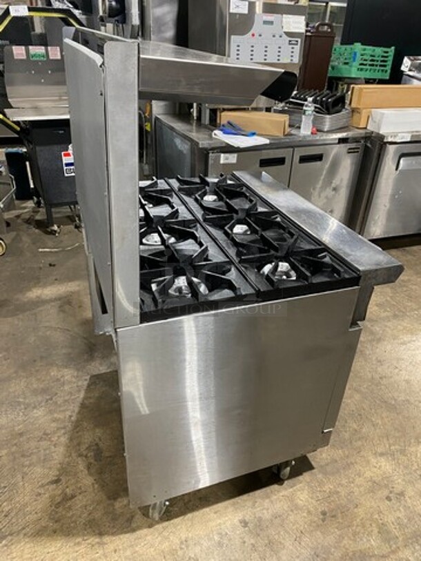 American Range Natural Gas Powered 6 Burner Stove! With Full Size Oven Underneath! With Raised Back Splash And Salamander Shelf! All Stainless Steel! On Casters! - Image 3 of 9